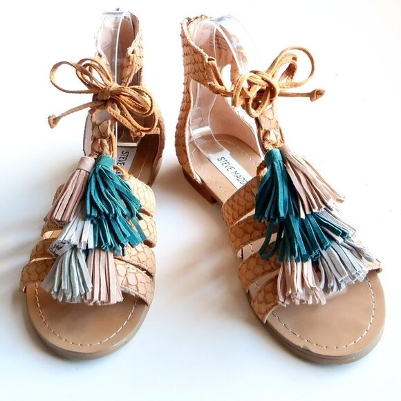 Steve Madden Monrowe Tan Leather Ankle Tie Tassel Gladiator Sandals Summer Shoes - Picture 1 of 15